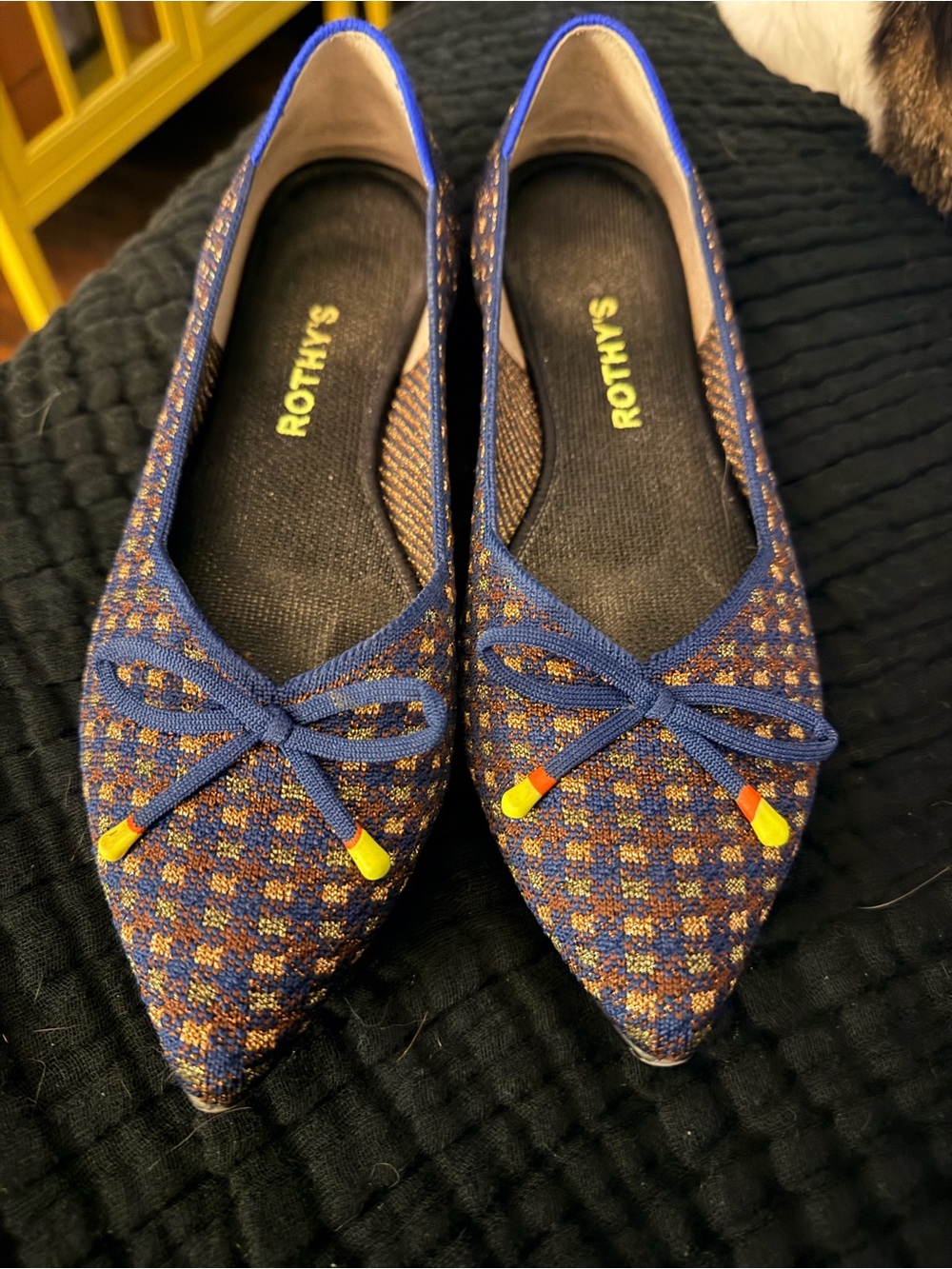 Rothy's Navy Plaid The Point Flats with Contrast Bow Ends